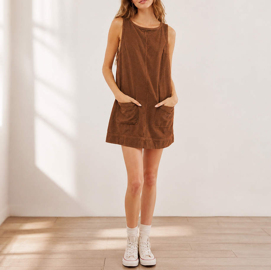 Corduroy Patch Pocket Mini Pinafore Dress