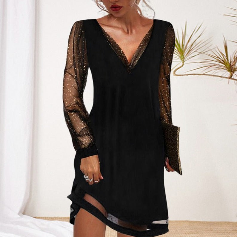 Mesh Long Sleeve Shift Mini Dress