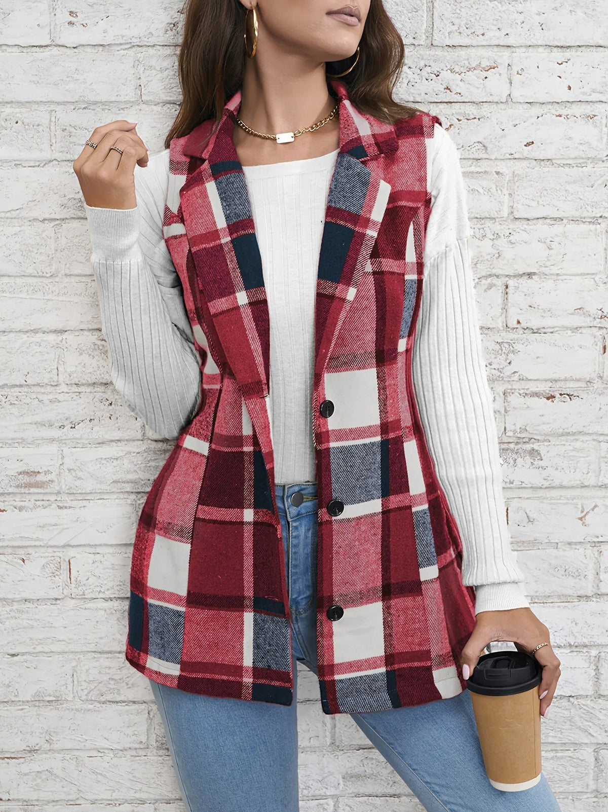 Plaid Button Front Sleeveless Vest