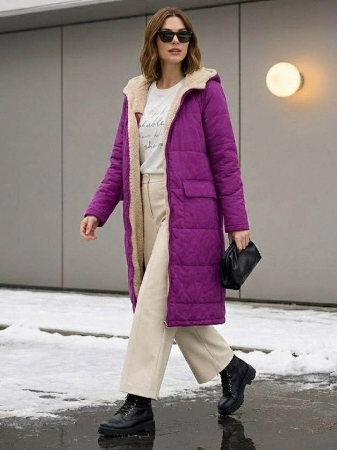 Quilted Sherpa Lined Long Sleeve Coat