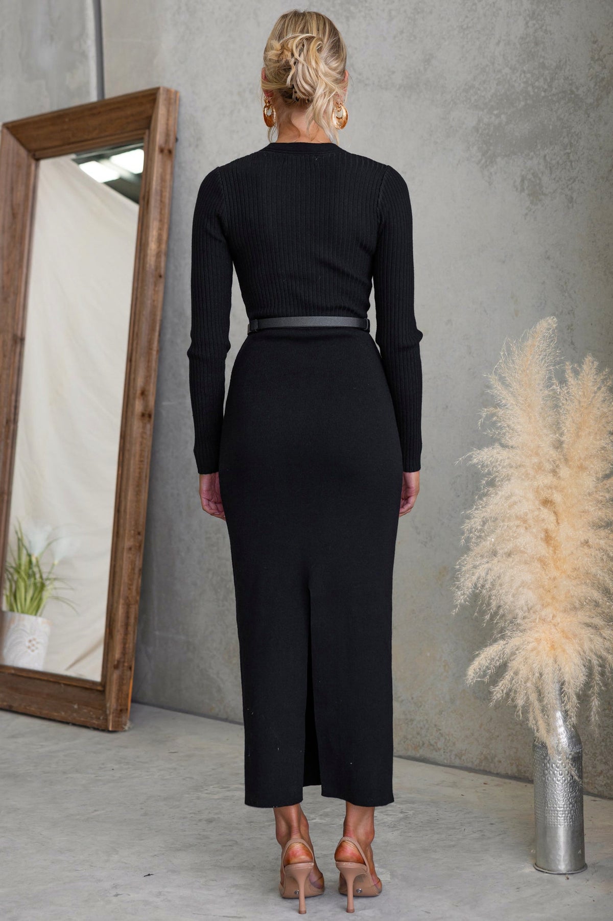 Ribbed Knit Long Sleeve Midi Sweater Dress