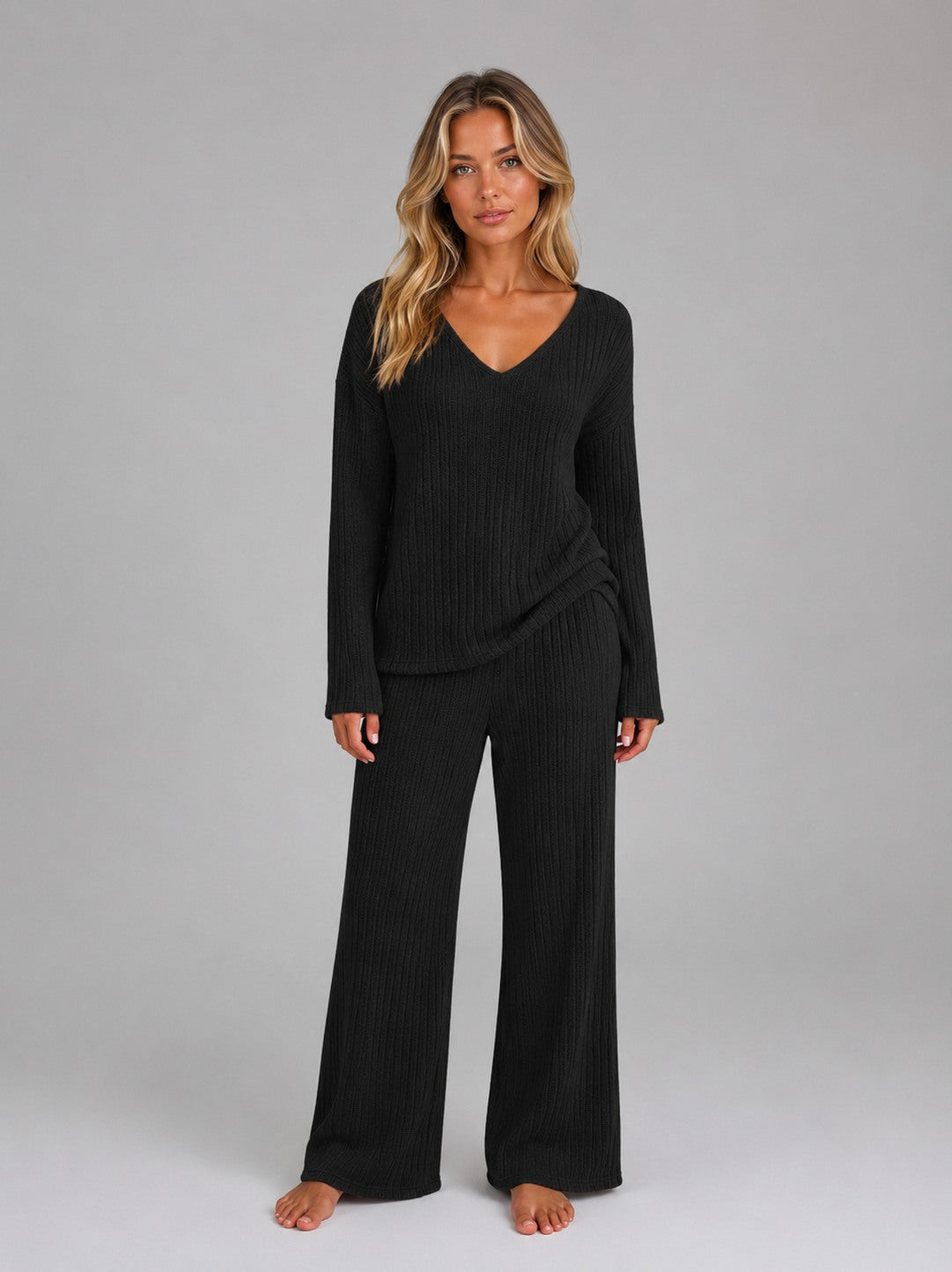 Ribbed Knit Long Sleeve Wide Leg Set