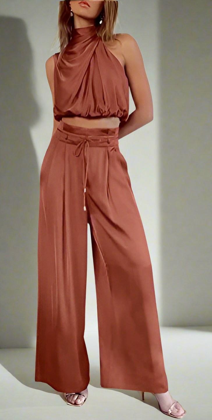 Satin Draped Halter Two Piece Set