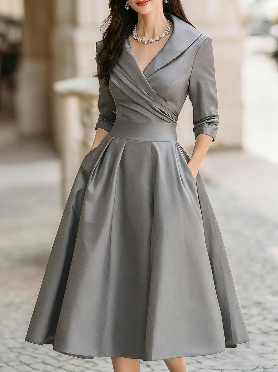 Satin 3/4 Sleeve Shawl Collar Pleated Midi Dress