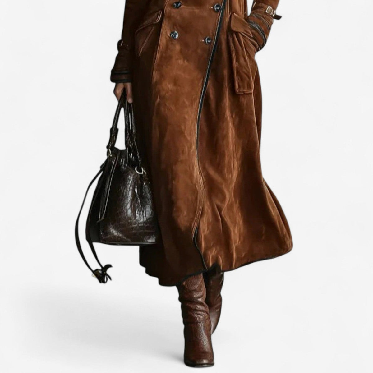 Faux Suede Double Breasted Long Trench Coat