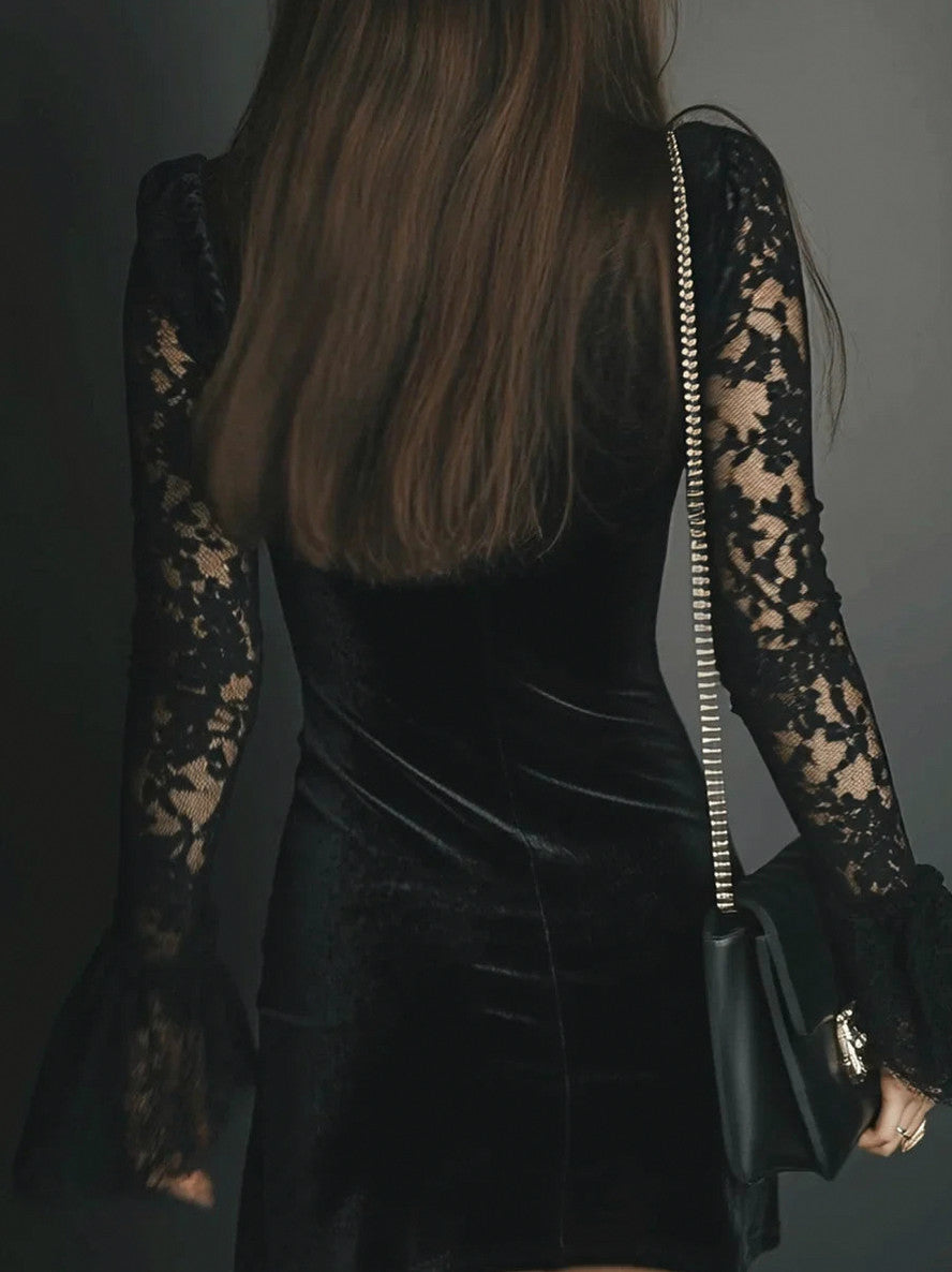 Velvet Lace Long Sleeve Mini Dress