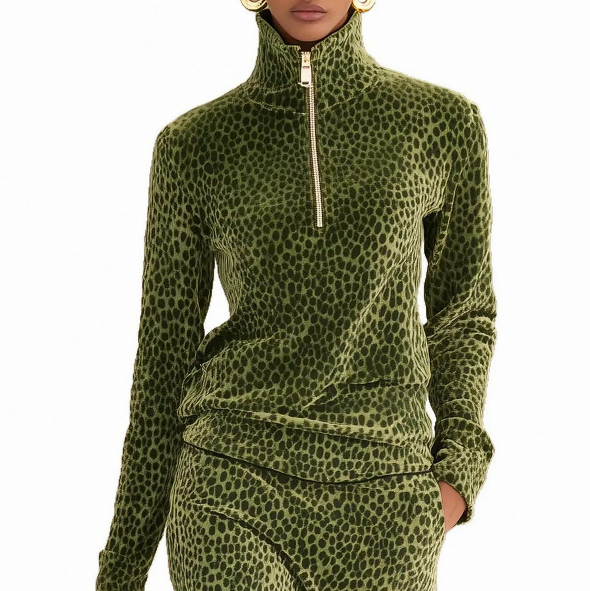 Velvet Leopard Print Half Zip Midi Set