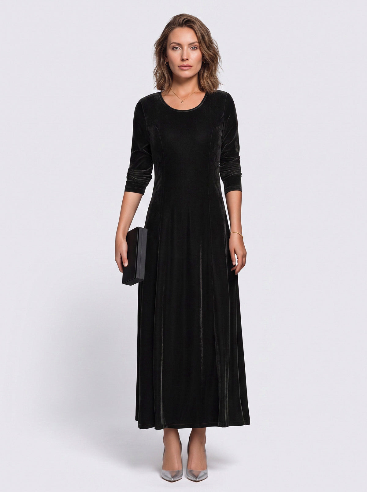 Velvet 3/4 Sleeve A-Line Maxi Dress