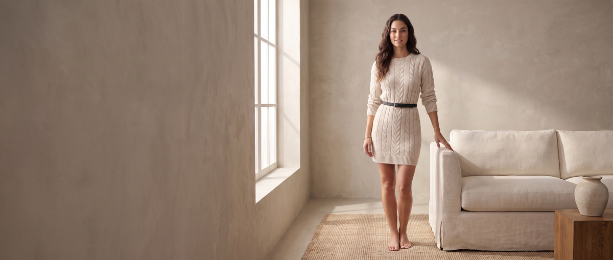 Veydae about hero, cream knit dress in warm minimal interior