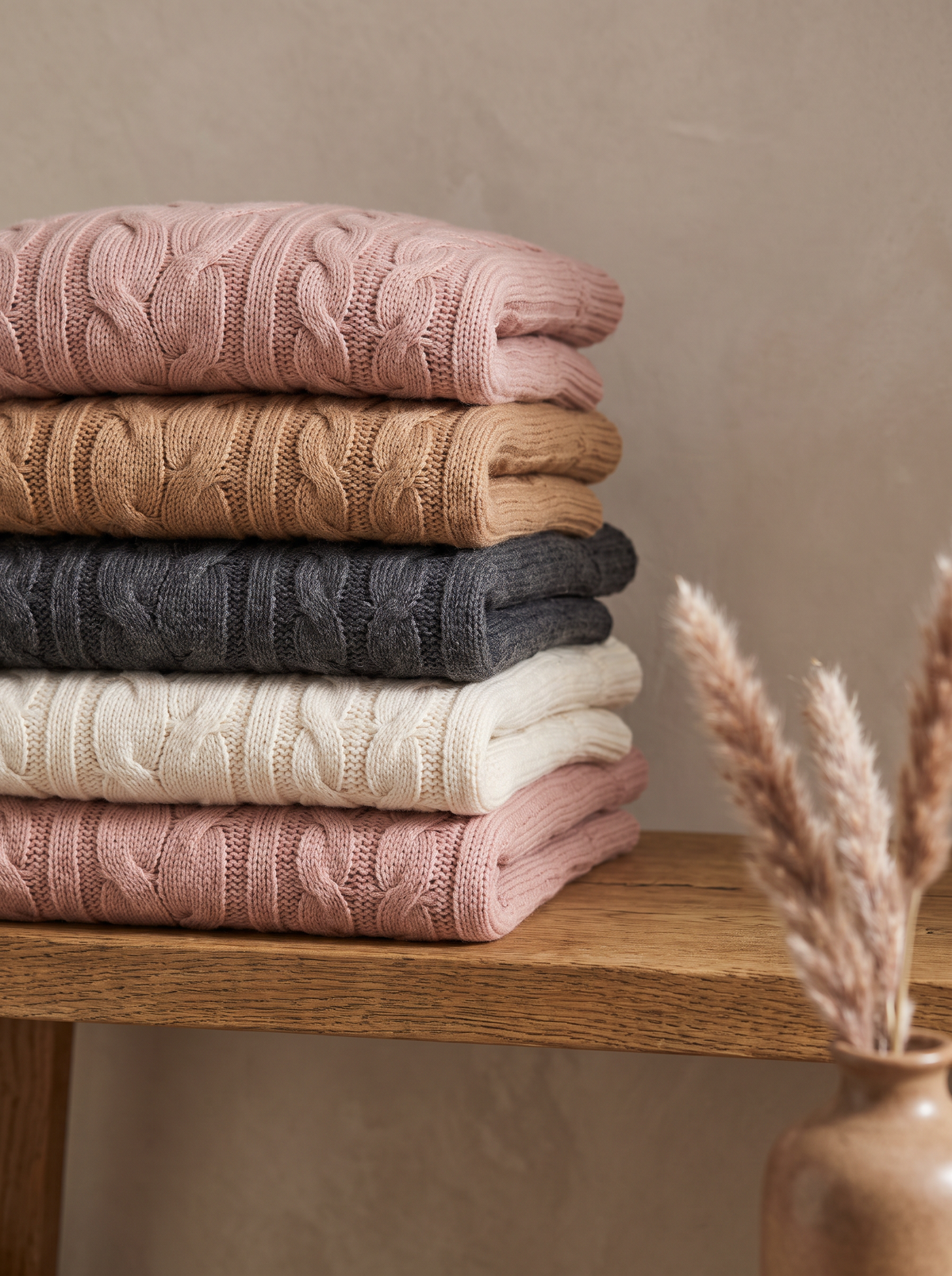 Folded Veydae knits in blush camel charcoal and cream
