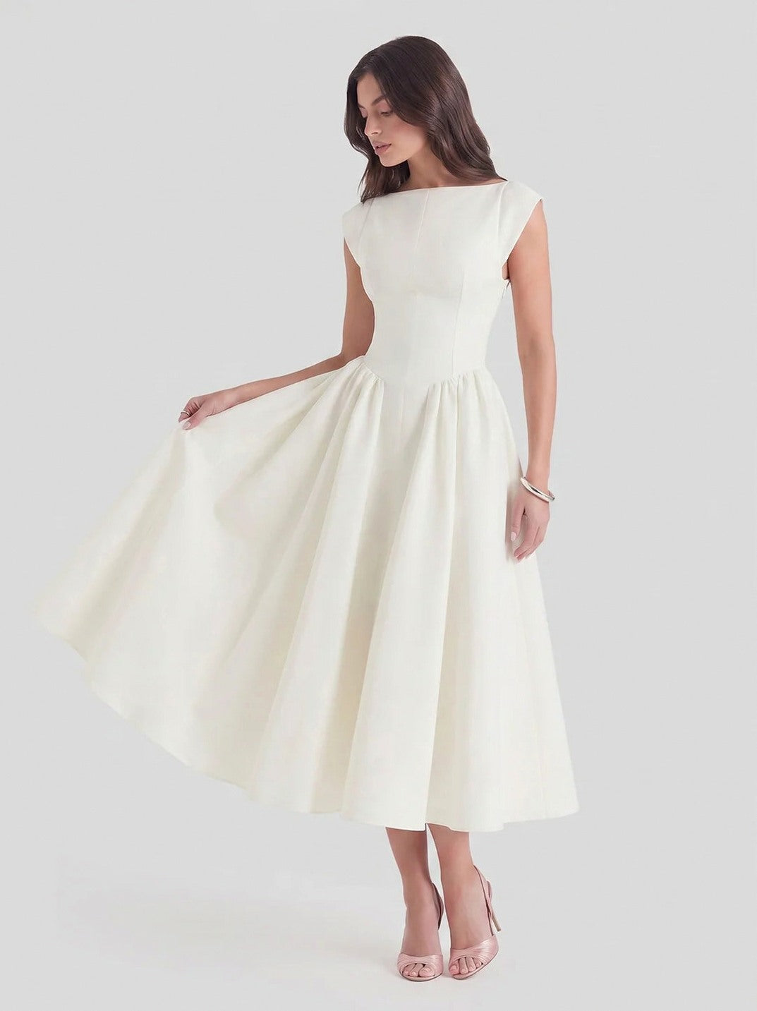 Satin Boat Neck Cap Sleeve Midi Dress