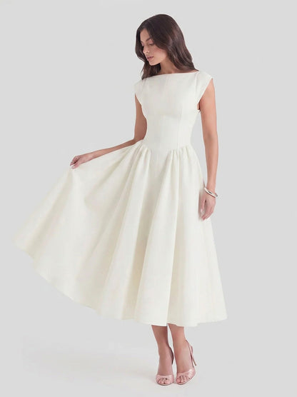 Satin Boat Neck Cap Sleeve Midi Dress