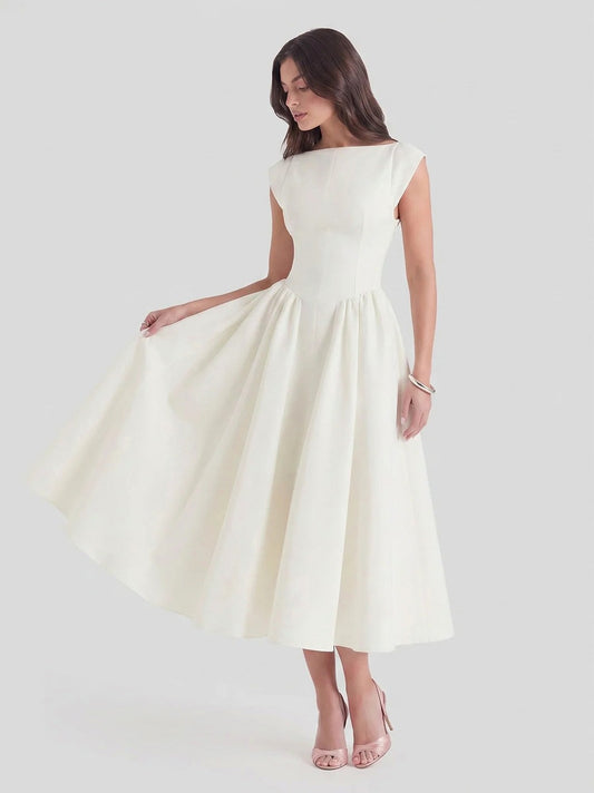 Satin Boat Neck Cap Sleeve Midi Dress