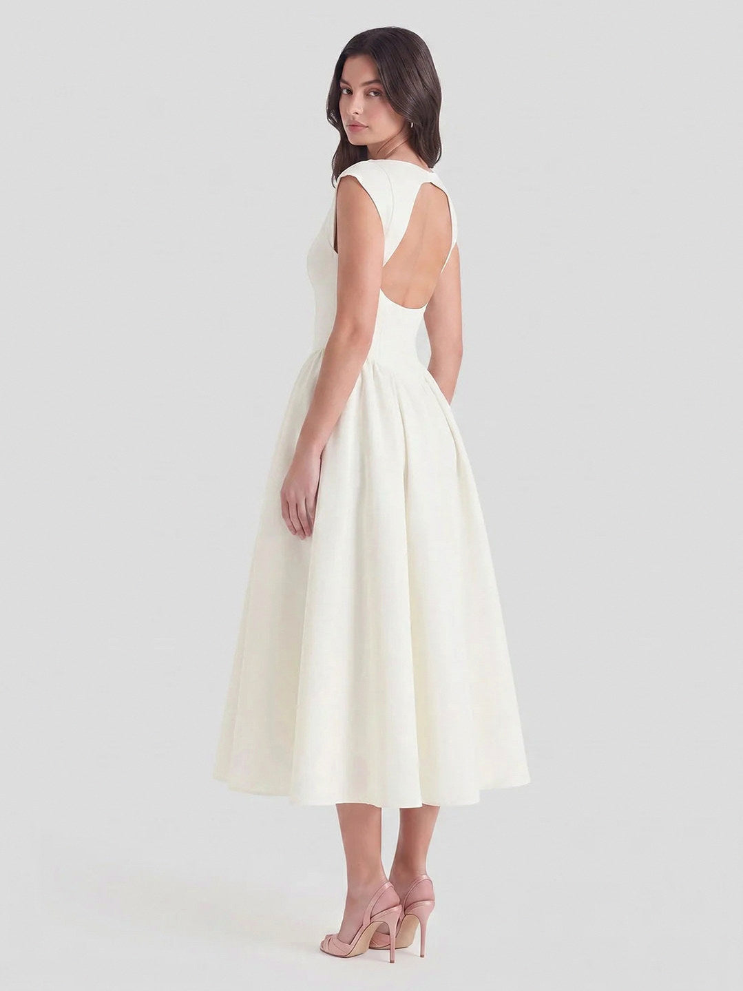 Satin Boat Neck Cap Sleeve Midi Dress