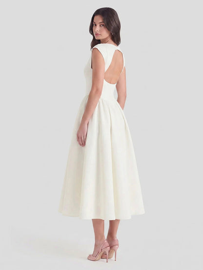 Satin Boat Neck Cap Sleeve Midi Dress