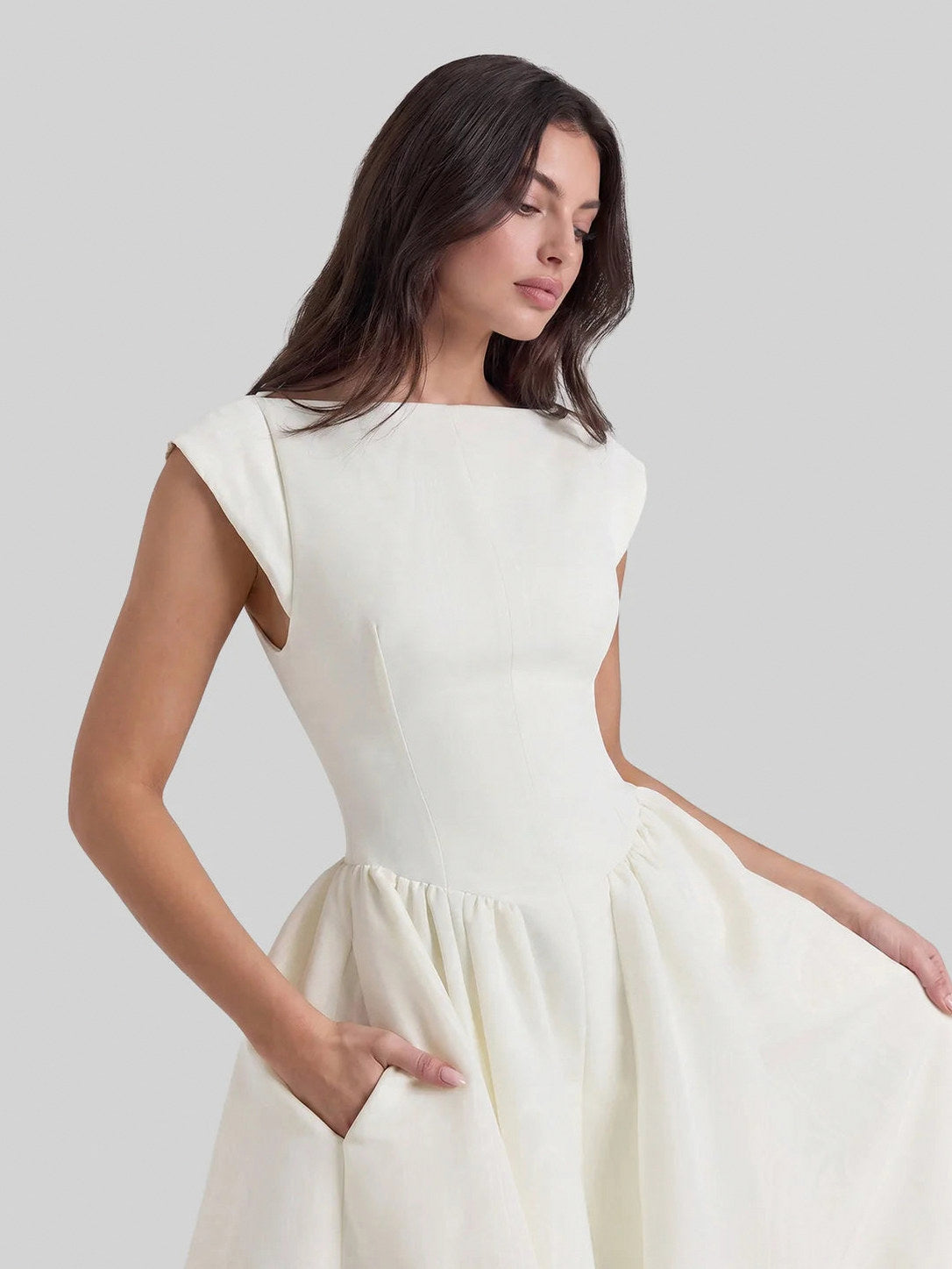 Satin Boat Neck Cap Sleeve Midi Dress