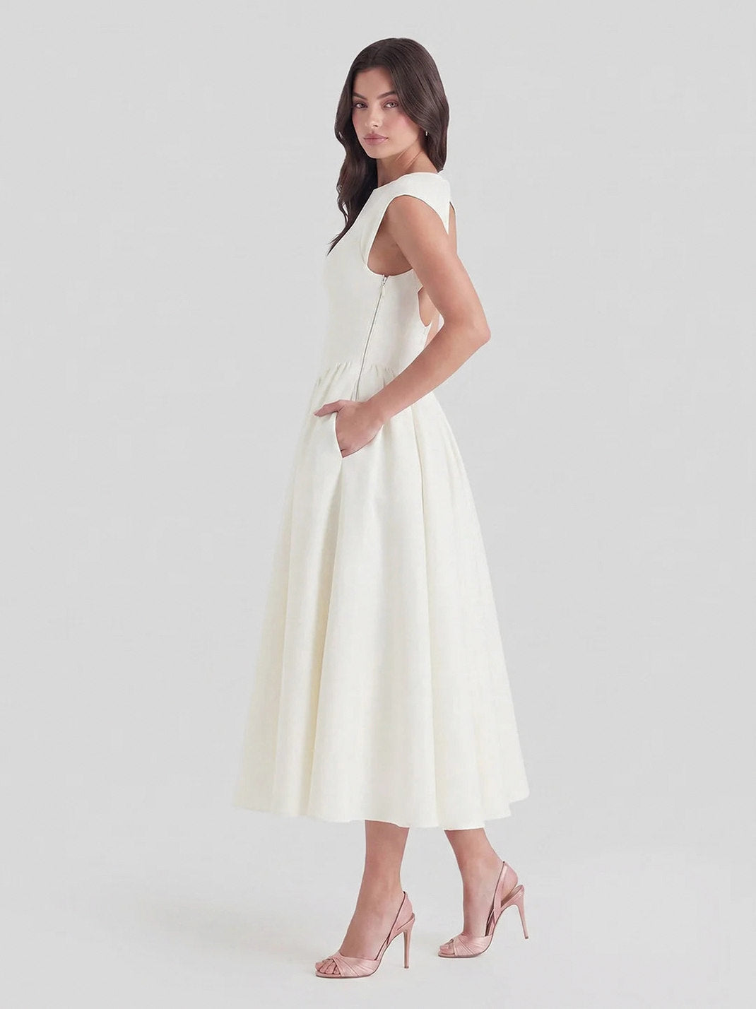 Satin Boat Neck Cap Sleeve Midi Dress