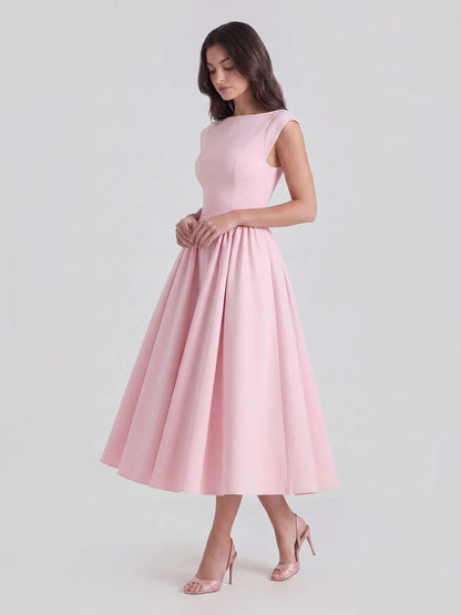 Satin Boat Neck Cap Sleeve Midi Dress
