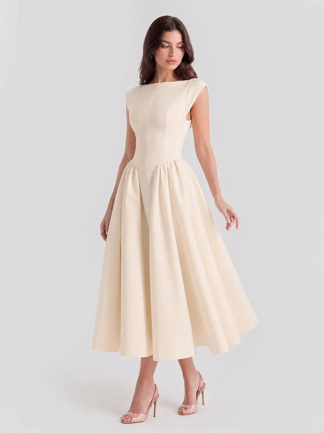 Satin Boat Neck Cap Sleeve Midi Dress