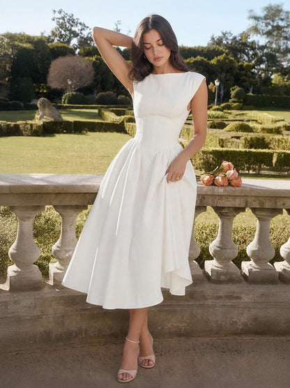 Satin Boat Neck Cap Sleeve Midi Dress