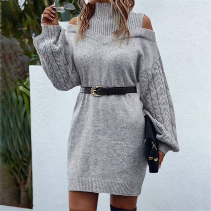 Cable Knit Long Sleeve Cold Shoulder Mini Sweater Dress