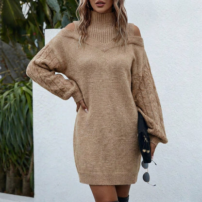 Cable Knit Long Sleeve Cold Shoulder Mini Sweater Dress