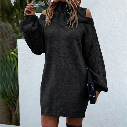 Cable Knit Long Sleeve Cold Shoulder Mini Sweater Dress