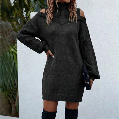 Cable Knit Long Sleeve Cold Shoulder Mini Sweater Dress