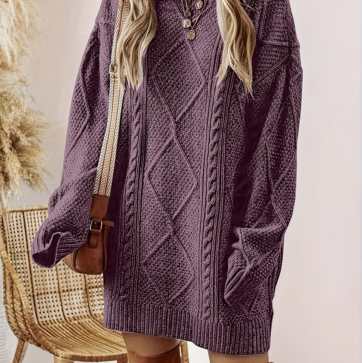 Cable Knit Long Sleeve Oversized Mini Sweater Dress