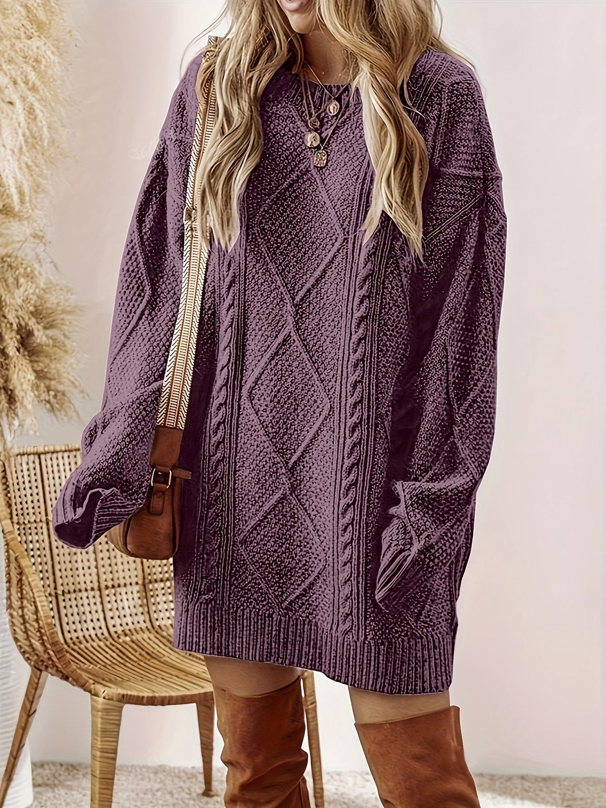Cable Knit Long Sleeve Oversized Mini Sweater Dress