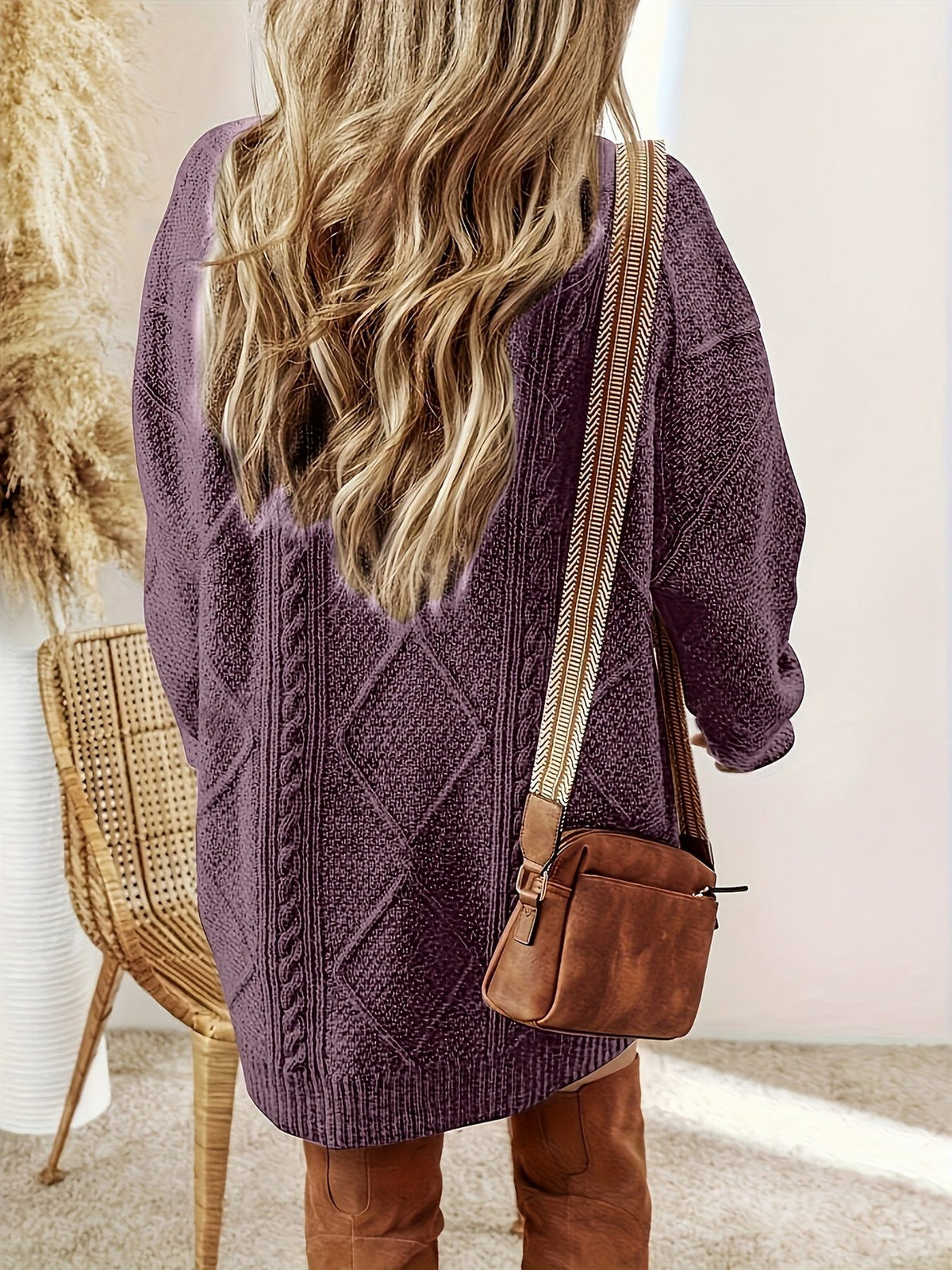 Cable Knit Long Sleeve Oversized Mini Sweater Dress