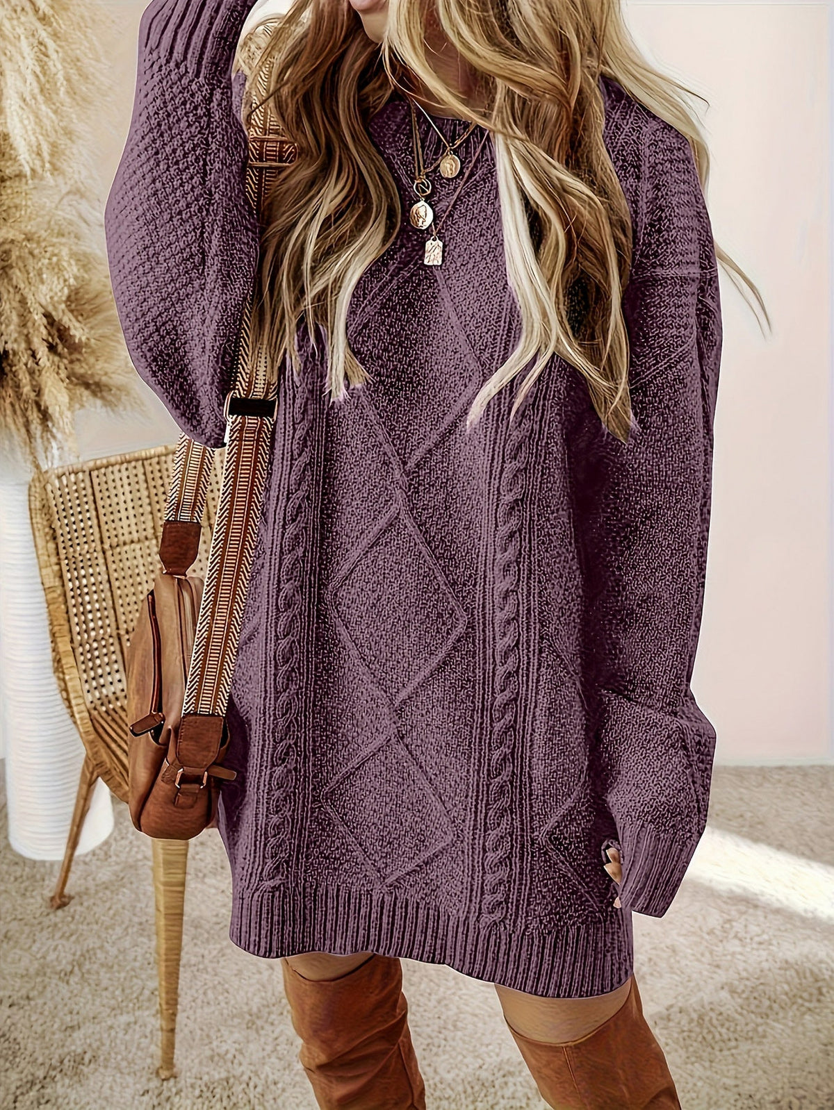 Cable Knit Long Sleeve Oversized Mini Sweater Dress