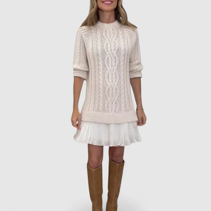 Cable Knit Pleated Hem Sweater Dress