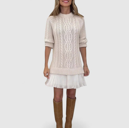 Cable Knit Pleated Hem Sweater Dress