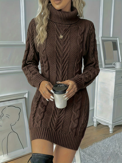 Cable Knit Long Sleeve Turtleneck Sweater Dress