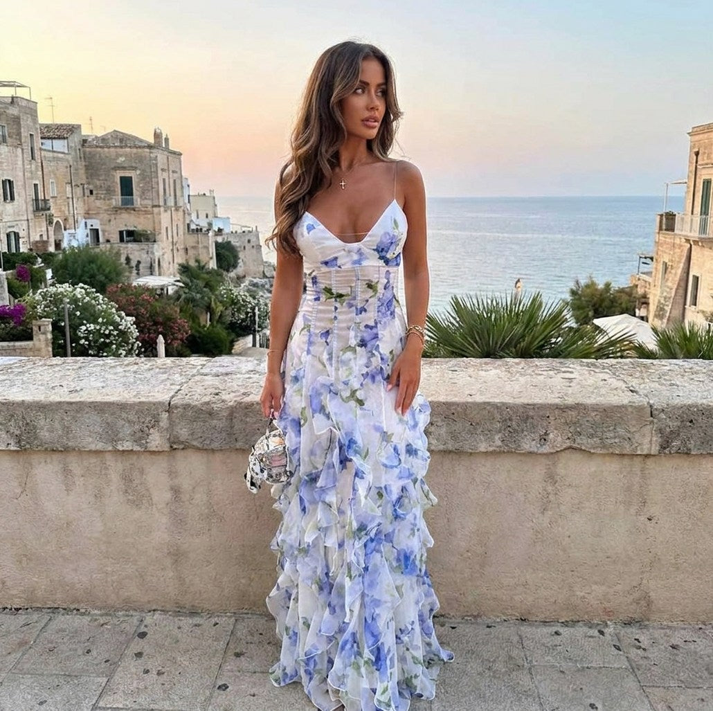 Chiffon Corset Ruffle Maxi Dress