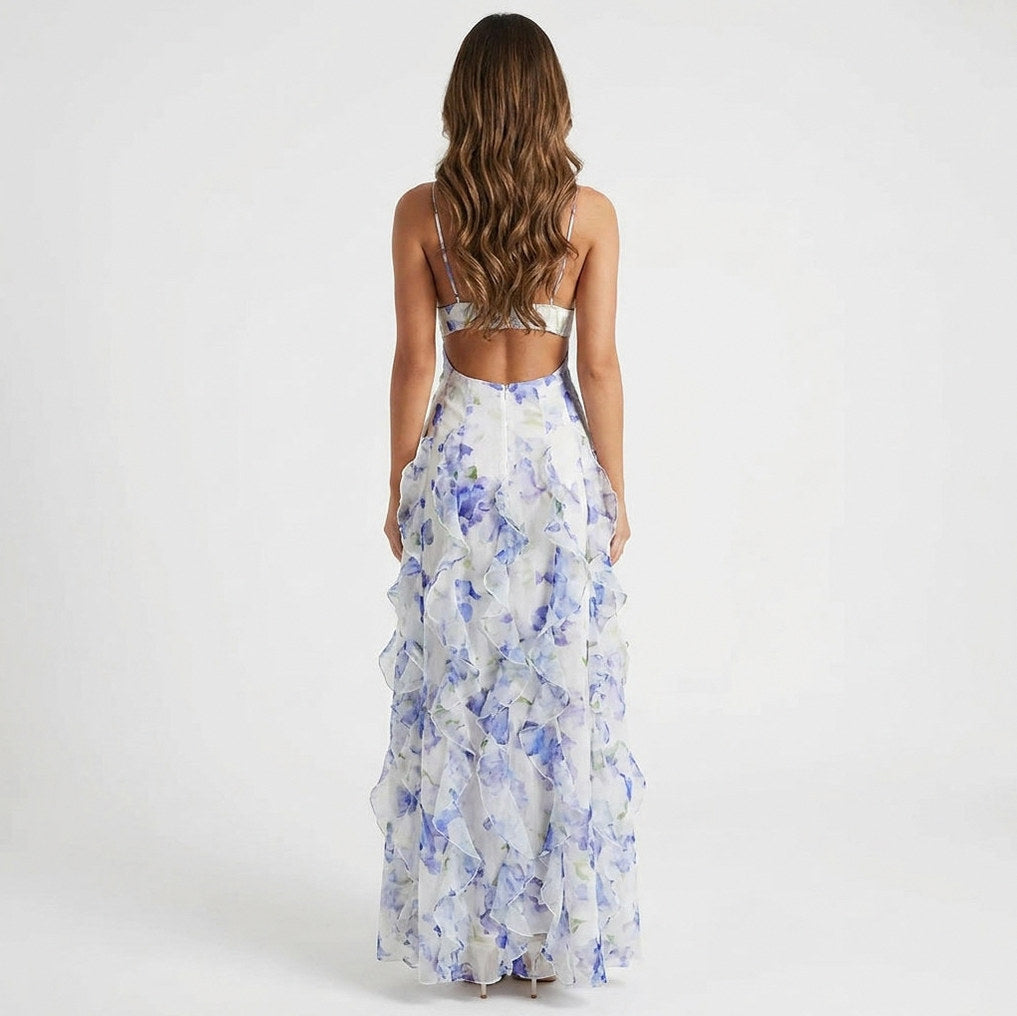 Chiffon Corset Ruffle Maxi Dress
