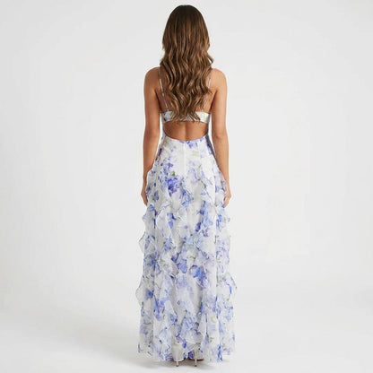 Chiffon Corset Ruffle Maxi Dress