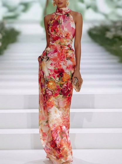 Chiffon Halter Draped Maxi Dress