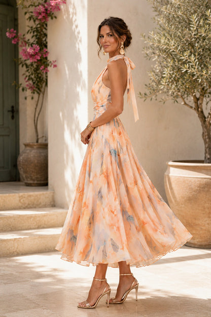 Chiffon Watercolor Floral Halter Maxi Dress