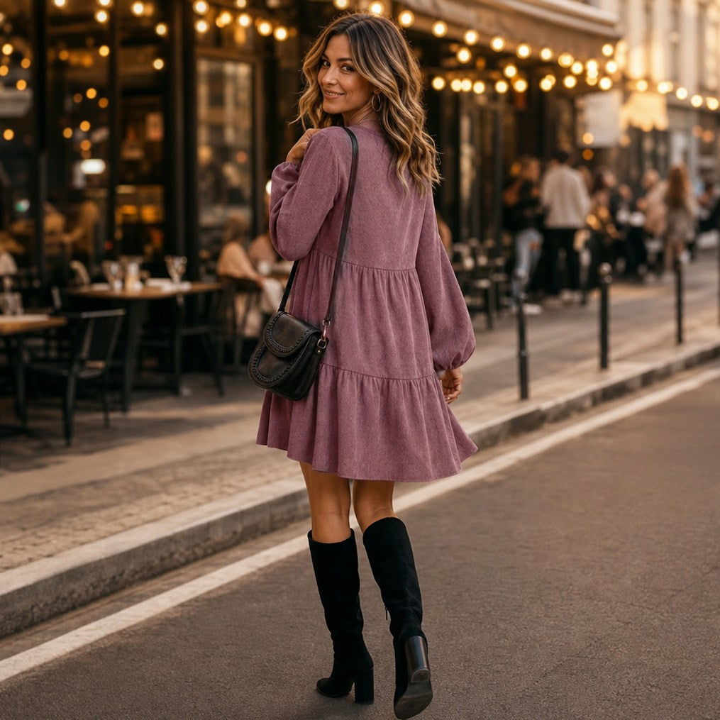 Corduroy Long Sleeve Tiered Mini Dress