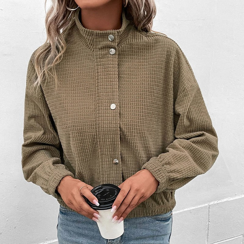 Corduroy Mock Neck Button Front Jacket