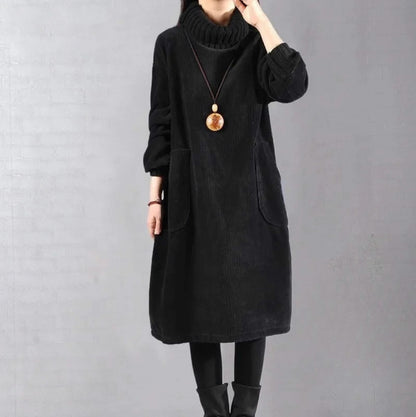 Corduroy Long Sleeve Turtleneck Midi Dress