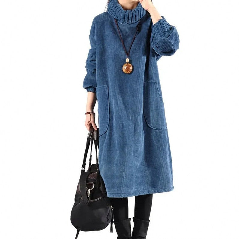 Corduroy Long Sleeve Turtleneck Midi Dress