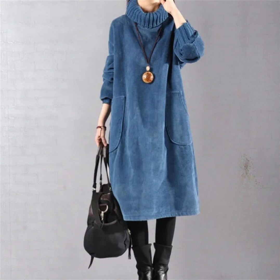 Corduroy Long Sleeve Turtleneck Midi Dress