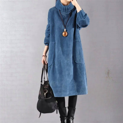 Corduroy Long Sleeve Turtleneck Midi Dress