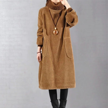 Corduroy Long Sleeve Turtleneck Midi Dress