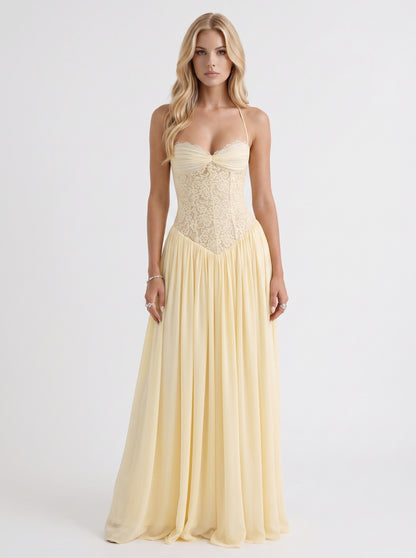 Corset Drop Waist Pleated Maxi Dress