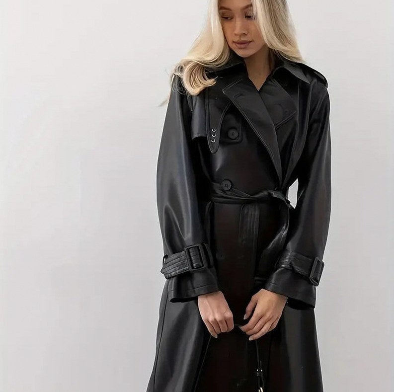 Faux Leather Belted Trench Coat