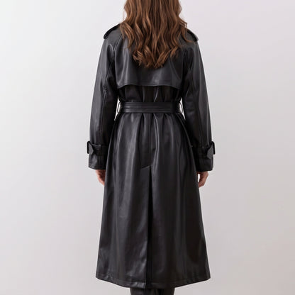 Faux Leather Belted Trench Coat